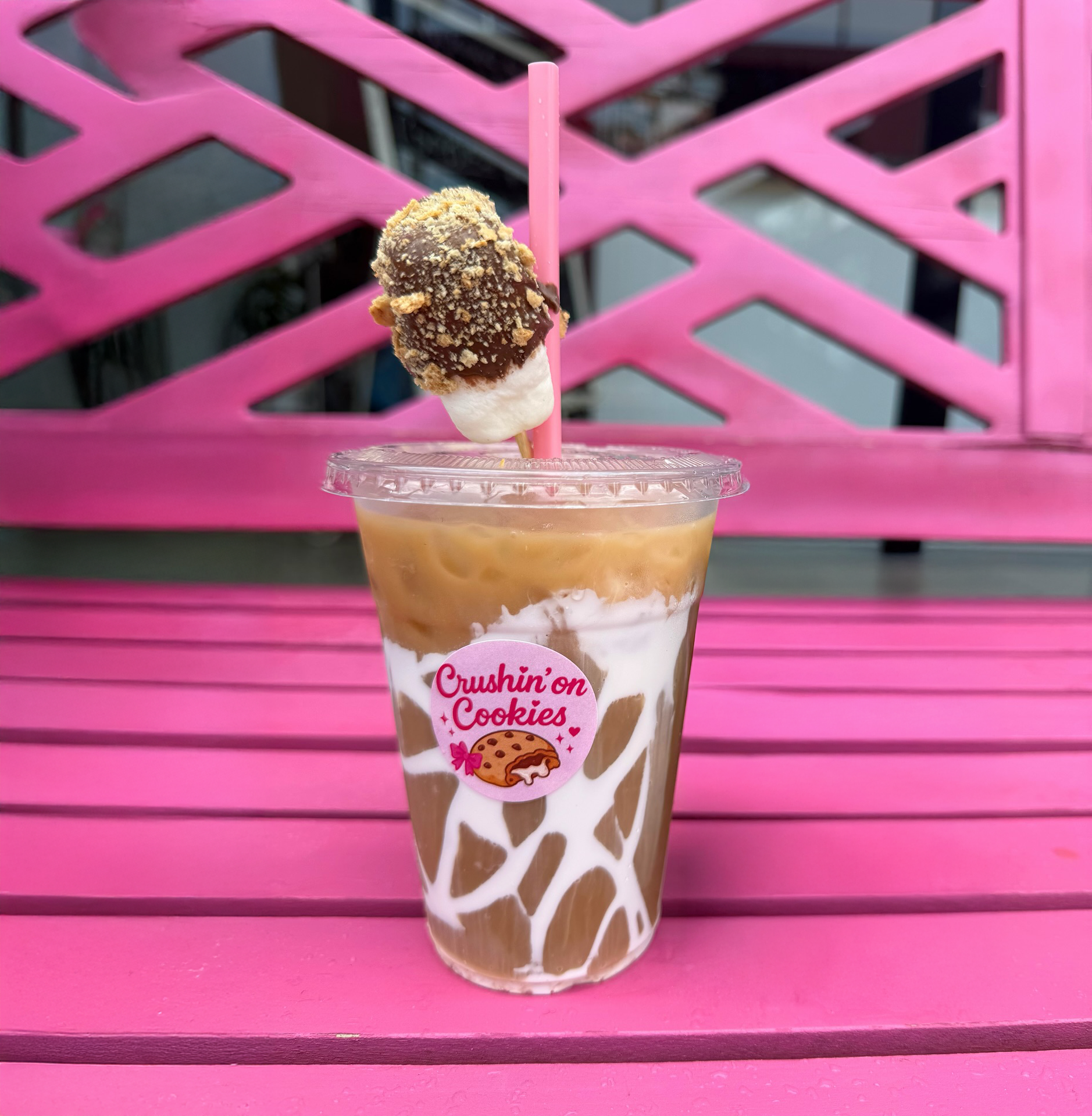 Ice cream float with a cookie on top, sitting on a pink surface with 'Crushin' on Cookies' label.