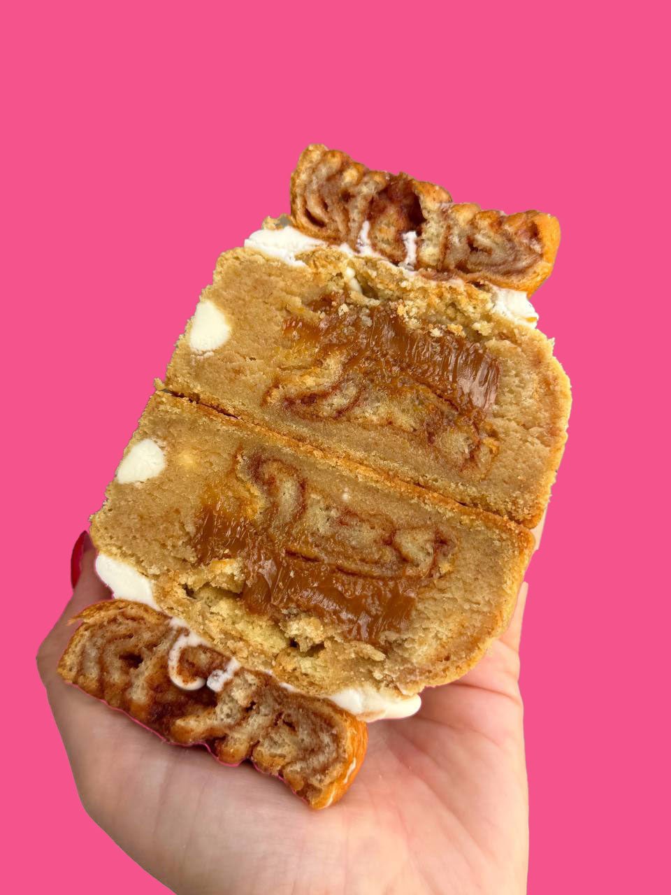 Dulce de Leche Cinnamon Roll Stuffed Cookie - Crushin' on Cookies