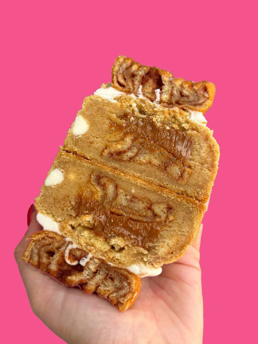 Dulce de Leche Cinnamon Roll Stuffed Cookie - Crushin' on Cookies