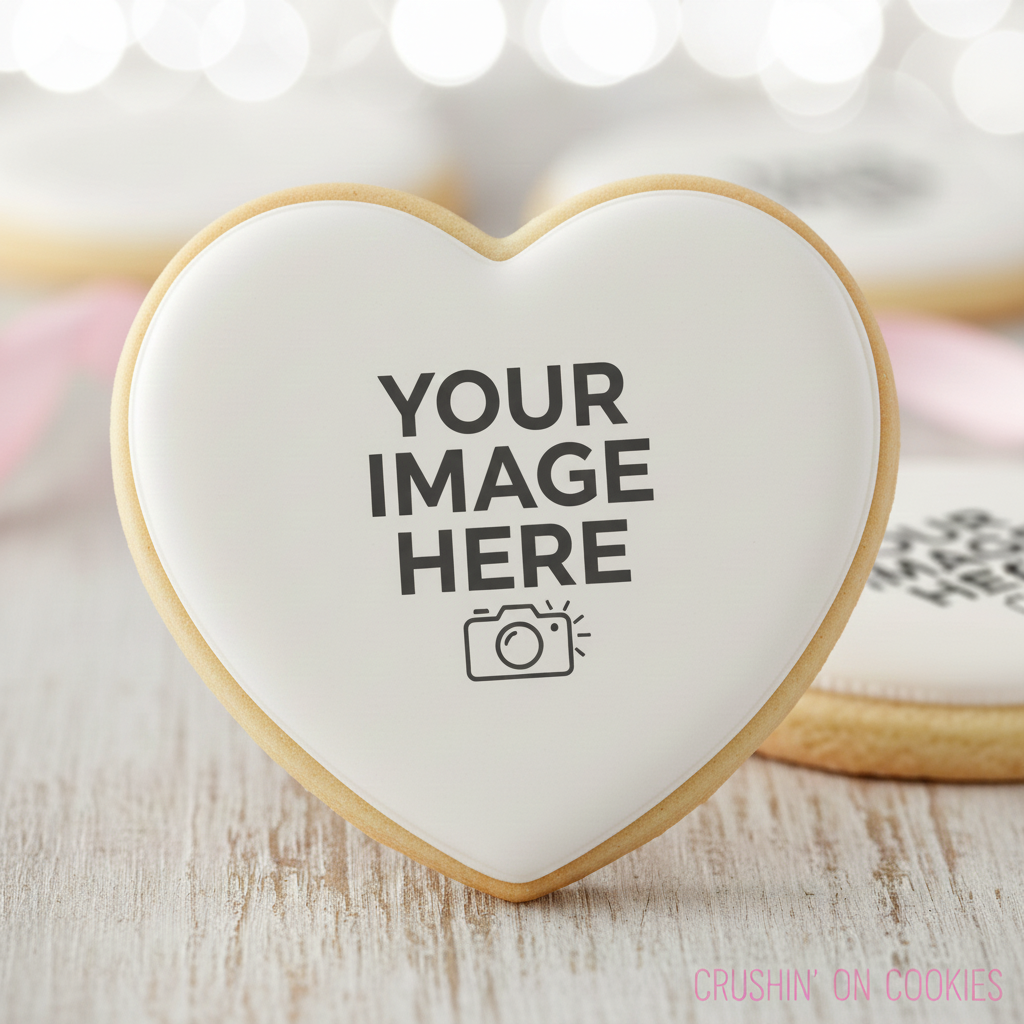 Heart-shaped cookie with 'Your Image Here' text on a sugar cookie with icing 
